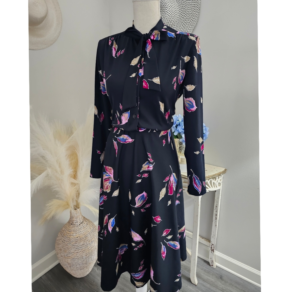 80's Vintage Sherri Lynn Black Floral Bowtie Long Sleeve Front Button Midi Dress
